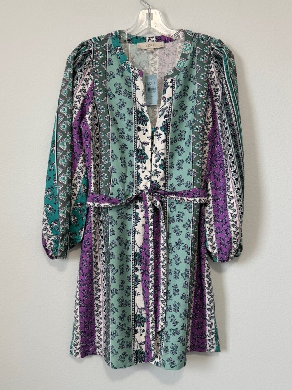 LOFT Long Sleeve Button Up V-Neck Belted Floral Shirt Dress Size 4 Petite